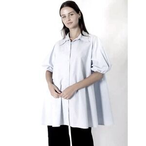 p cill Womens White Cotton Puff Sleeve Trapeze Oversized Button Down Shirt L